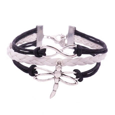 Black and white braided leather Dragonfly Bracelet with silver charm