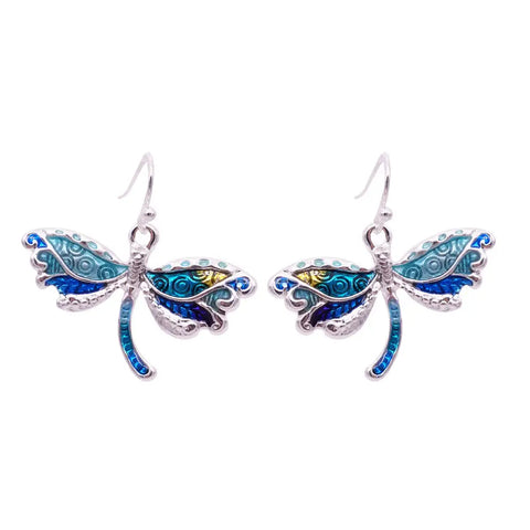 Silver dragonfly earrings with blue teal enamel wings, symbol of transformation