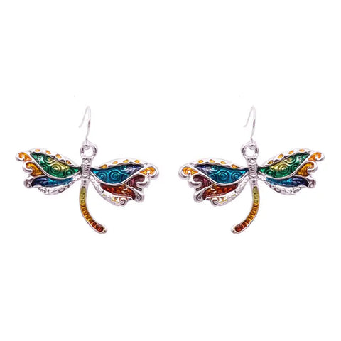 Silver dragonfly earrings with colorful enamel wings and swirling patterns