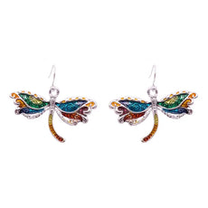 Silver dragonfly earrings with colorful enamel wings and swirling patterns