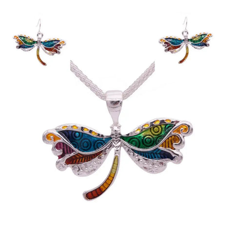 Silver dragonfly necklace and earring set with rainbow enamel wings