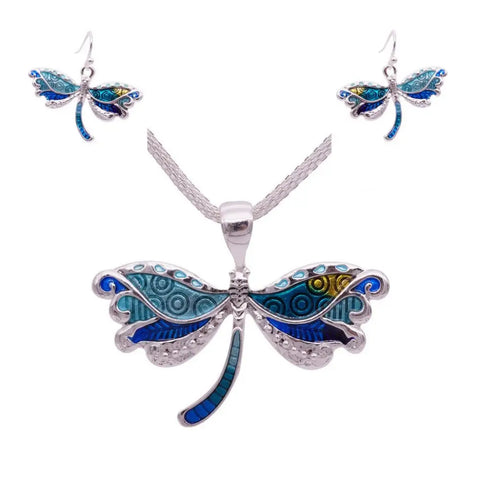 Silver dragonfly necklace and earring set with blue teal enamel wings