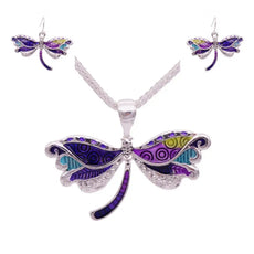 Dragonfly necklace & earring set with enamel wings in purple, blue, green