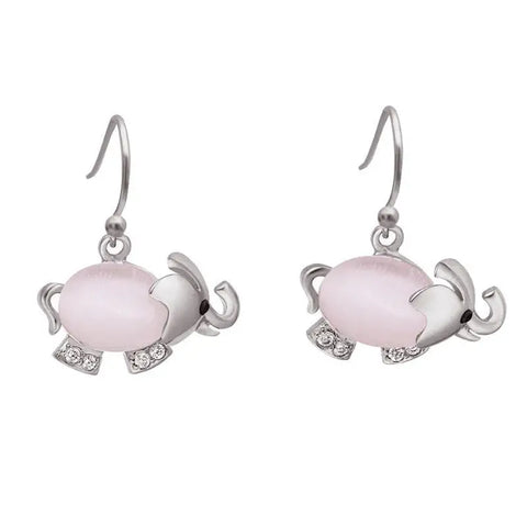 Pink opal elephant earrings in rose gold with silver crystal accents, good luck symbol