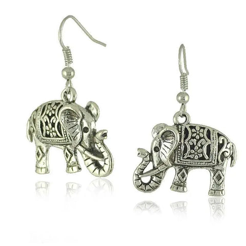 Silver elephant earrings with floral geometric patterns symbolizing protection
