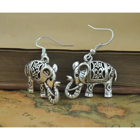 Silver elephant earrings with floral geometric patterns hook design