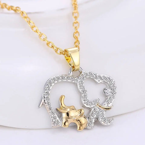Gold and silver two-tone elephant pendant necklace with rhinestones, good luck symbol