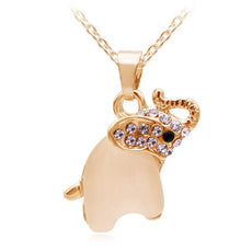 Rose gold elephant pendant necklace with lavender rhinestones, good luck charm