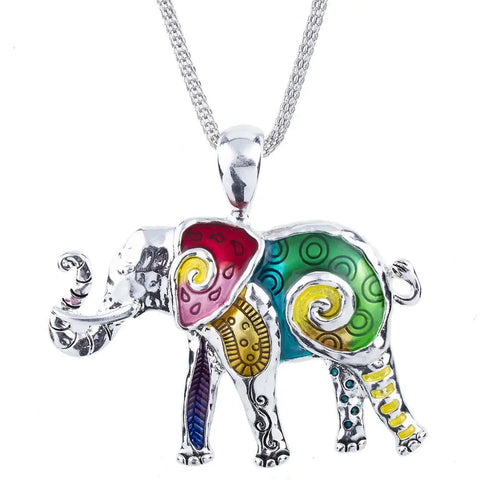 Colorful enamel elephant pendant with silver details, good luck symbol
