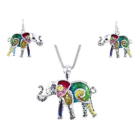 Colorful enamel elephant pendant and earrings set, good luck symbol