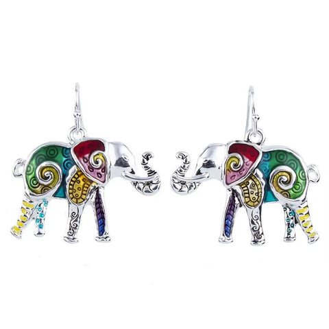 Colorful enamel elephant earrings with silver swirls in good luck set