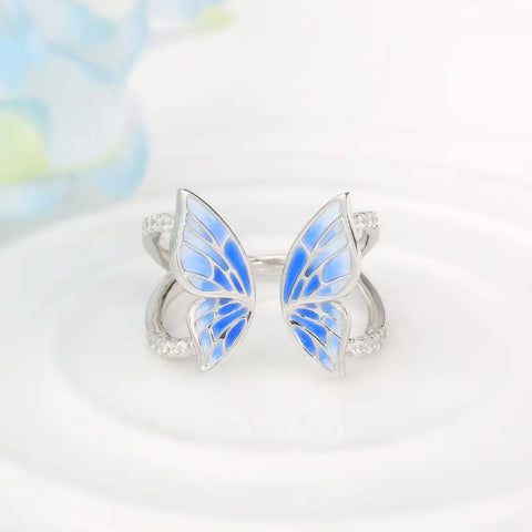 Flying Blue Butterfly Silver Ring