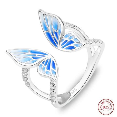 Flying Blue Butterfly Silver Ring