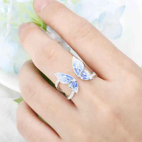 Flying Blue Butterfly Silver Ring
