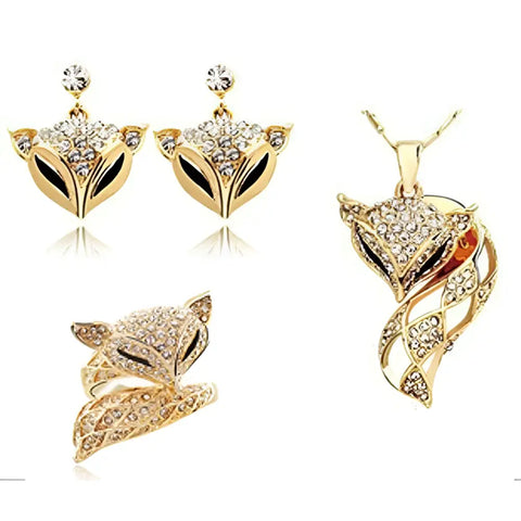 Gold-toned fox jewelry set with crystals, enamel, symbol of protection