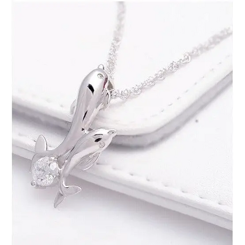 Necklace - Double Dolphin Silver Rhinestone Necklace