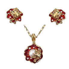 Red enamel flower frog earrings pendant set with pearl rhinestones