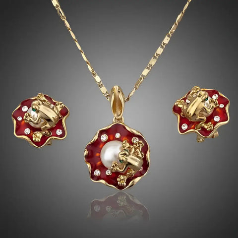 Gold-toned Frog Earrings and Pendant Set with red enamel, rhinestones, pearl