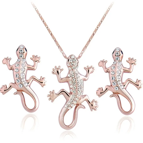 Rose gold gecko jewelry set with sparkling crystals, good luck symbol