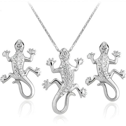 Rose gold gecko jewelry set with crystal pendant and earrings, good luck symbol