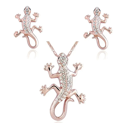 Rose gold gecko jewelry set with rhinestone accents, good luck symbol