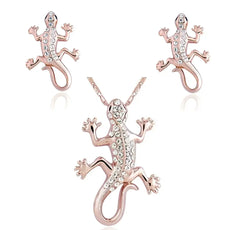 Rose gold gecko jewelry set with rhinestone accents, good luck symbol