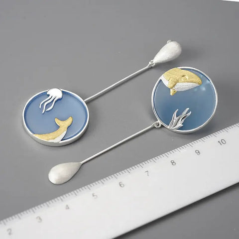 Gemstone Underwater World Whale Asymmetrical Long Drop Earrings