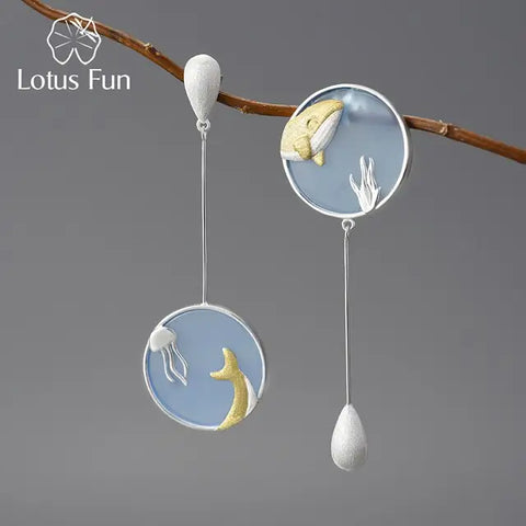 Gemstone Underwater World Whale Asymmetrical Long Drop Earrings