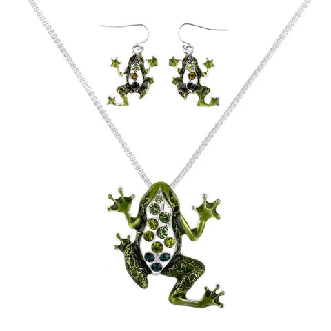 Jewelry Set - Green Frog Necklace And Earrings Set