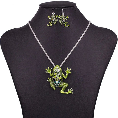 Jewelry Set - Green Frog Necklace And Earrings Set