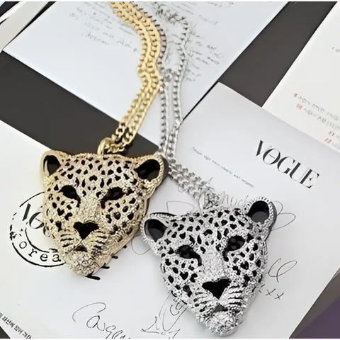 Gold silver leopard head pendant necklace with sparkling crystals symbol of strength
