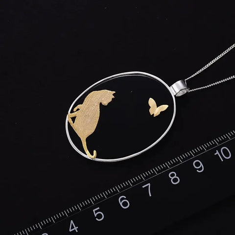 Natural Agate Handmade Cat And Butterfly Pendant
