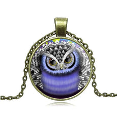 Owl necklace with purple white feathers in bronze frame, wisdom protection symbol