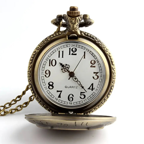 Owl pocket watch in antique brass with white face and ornate case
