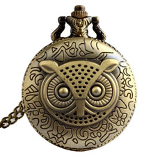 Antique brass owl pocket watch with engravings, chain, symbol of wisdom