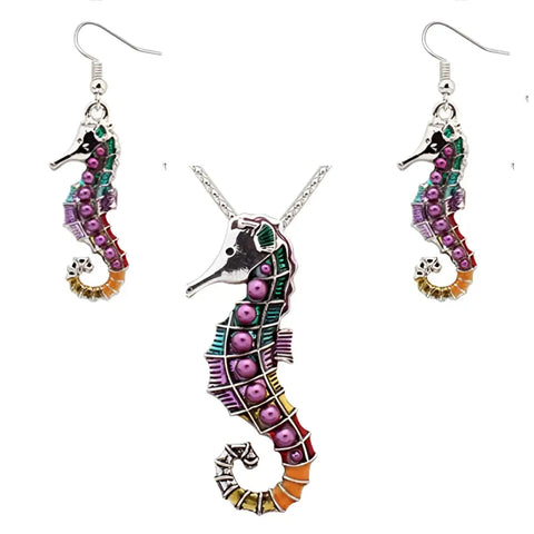 Seahorse necklace & earrings set in vibrant enamel beads on silver, ocean love symbol