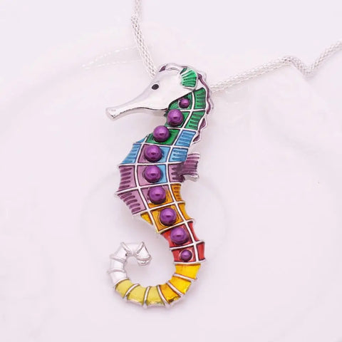 Colorful enamel seahorse pendant with purple beads on silver chain, Seahorse Necklace set