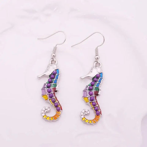 Rainbow seahorse earrings with purple beads in Ocean Love set