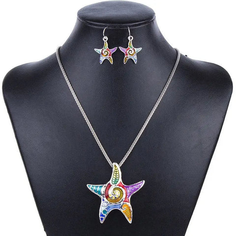 Star Pendant and Earrings Set in colorful enamel, silver chain, protection symbol