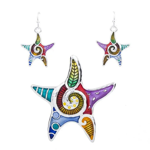 Star pendant and earrings set with colorful enamel swirls, leaves, silver frame