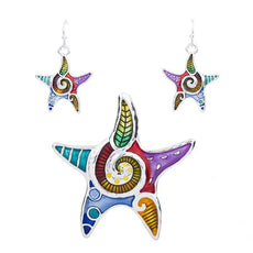 Star pendant and earrings set with colorful enamel swirls, leaves, silver frame