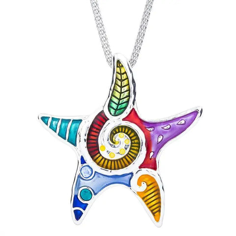 Vibrant multi-colored enamel star pendant with silver chain, protection symbol