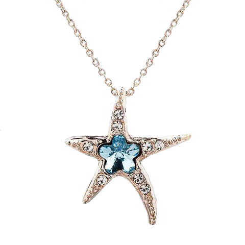 Silver starfish pendant necklace with blue crystal center, clear crystals, Ocean Protection by Helping Animals At Risk