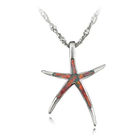 Silver starfish pendant with vibrant orange-red opal inlay, ocean love symbol