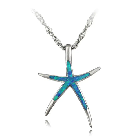 Silver starfish pendant necklace with blue opal inlay on matching chain
