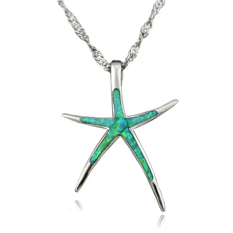 Silver starfish pendant with green blue opal inlay on twisted chain