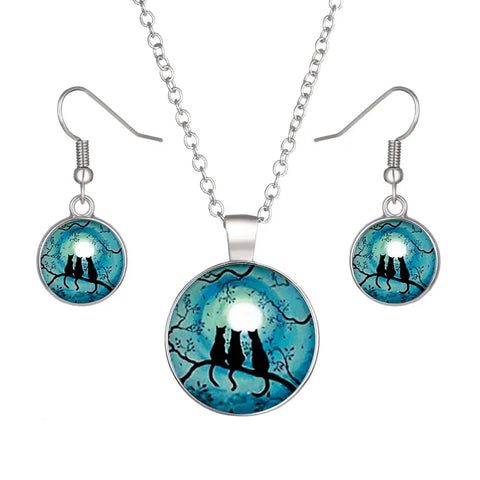 Three Cats Glow In the Dark Round Cameo - Necklace and Earring Set