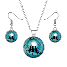 Three Cats Glow In the Dark Round Cameo - Necklace and Earring Set