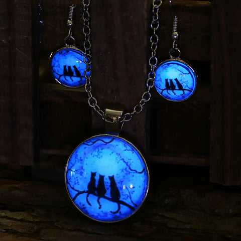 Three Cats Glow In the Dark Round Cameo - Necklace and Earring Set