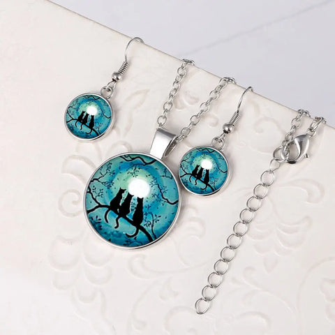 Three Cats Glow In the Dark Round Cameo - Necklace and Earring Set